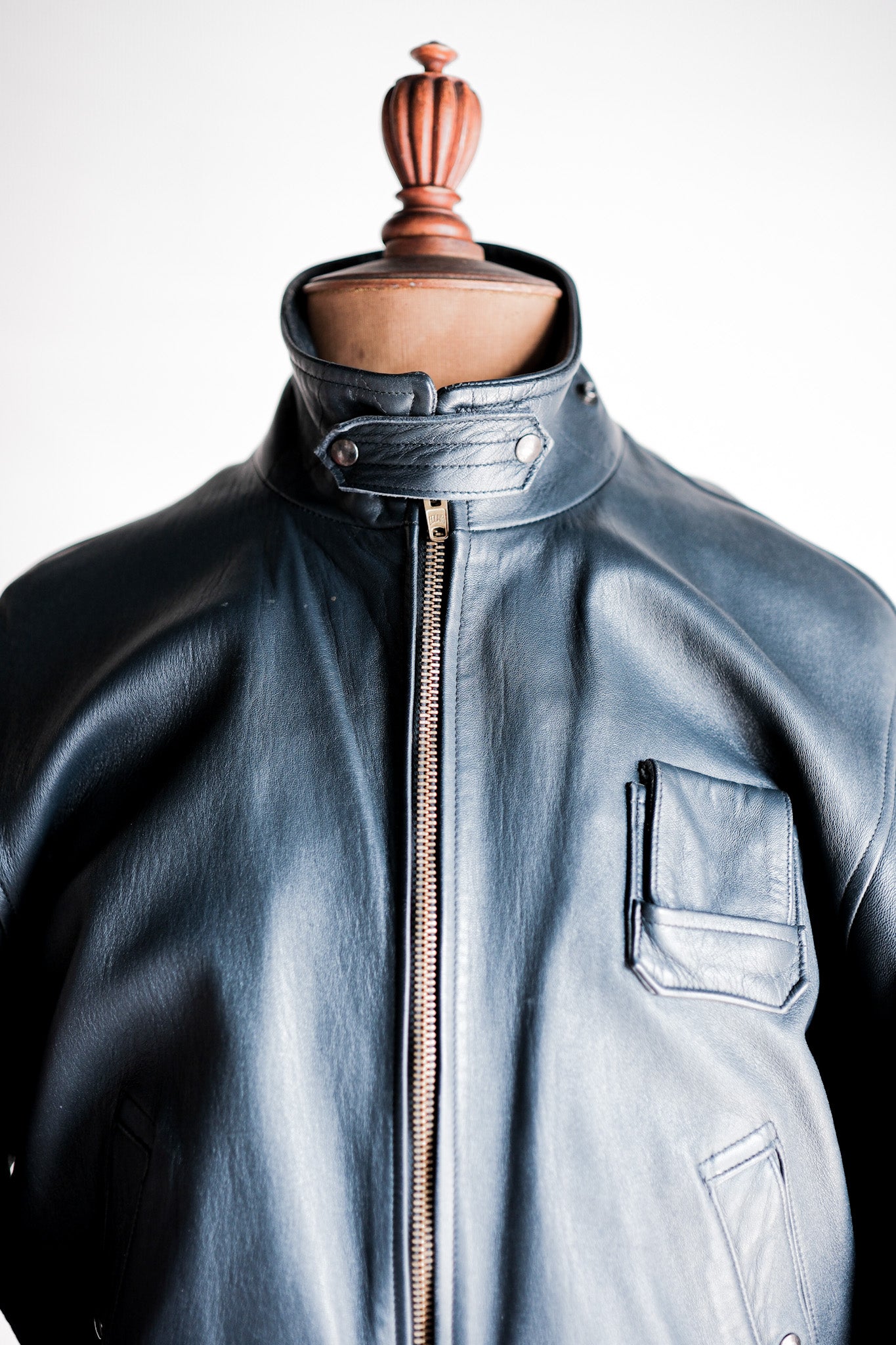 【~70's】French Air Force Pilot Leather Jacket With Chin Strap Size.96M