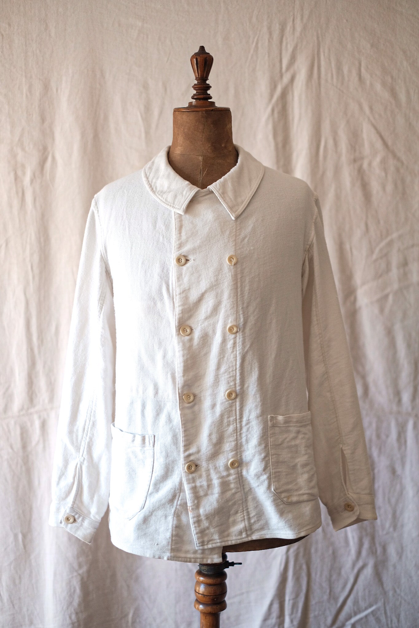 【~30's】French Vintage Double Breasted White Cotton Linen Twill Work Jacket