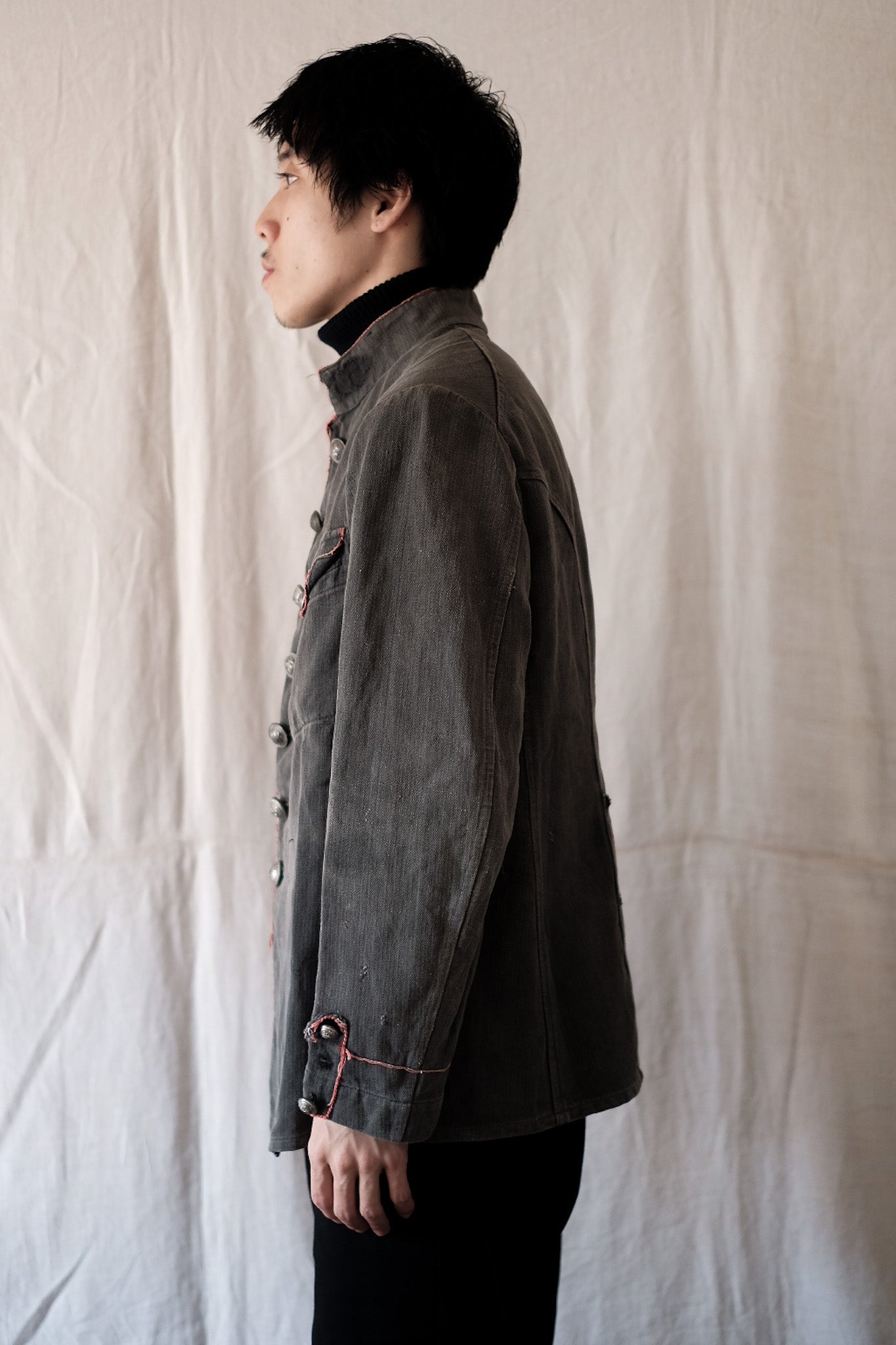 ［~10's］French Vintage Black Linen HBT Fireman Jacket