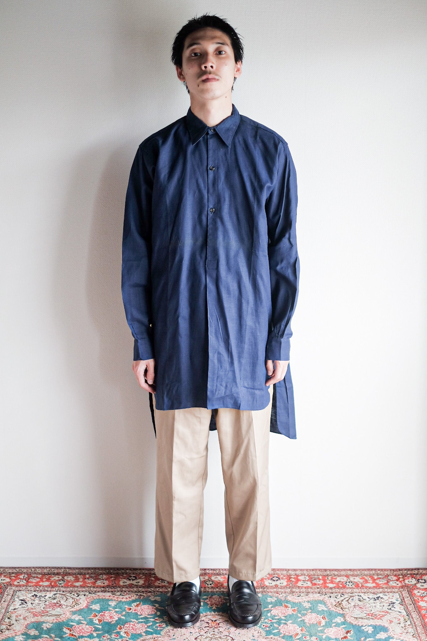 【~40's】French Vintage Indigo Linen Grandpa Shirt "Dead Stock"