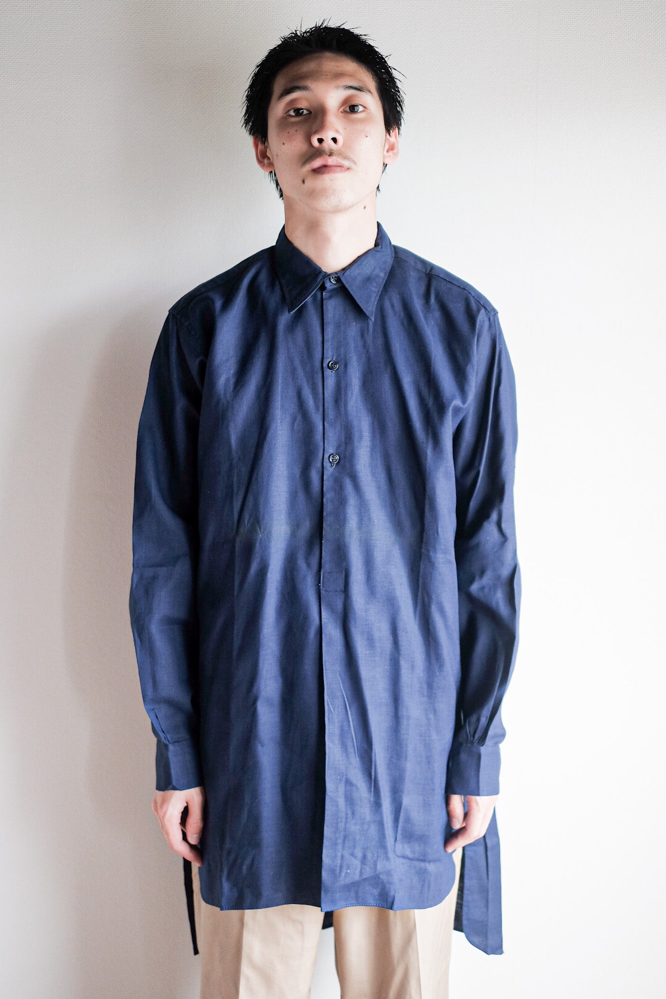 [~ 40's] French Vintage Indigo Linen Grandpa Shirt "Dead Stock"