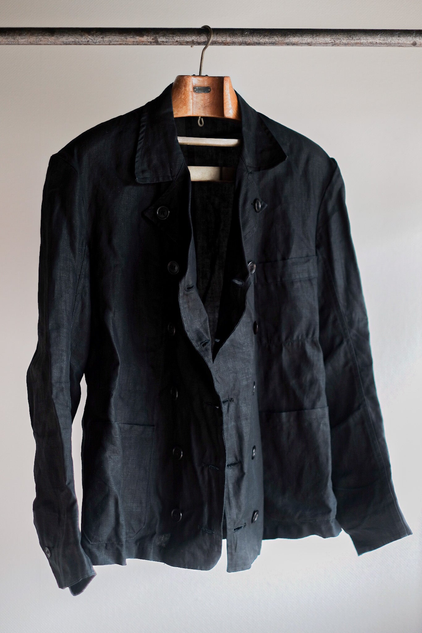 [~ 30's] French Vintage Black Indigo Linen Double Breasted Work Jacket "Dead Stock"