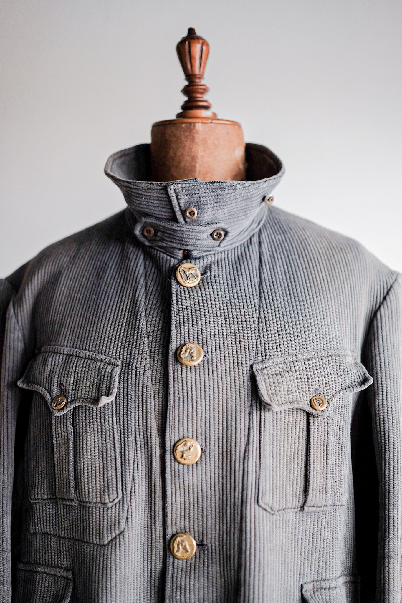 ［~30's］French Vintage Gray Cotton Pique Hunting Jacket With Chin Strap