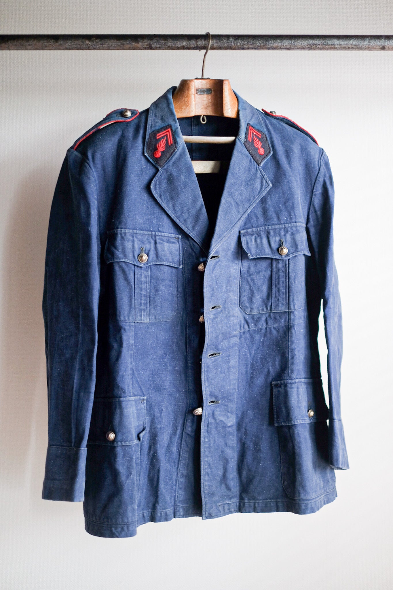 [~ 40 '] 프랑스 빈티지 인디고 메티스 소방관 옷깃 재킷