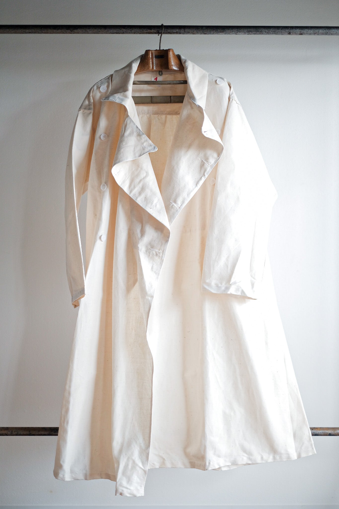 ［~50's］French Army Double Breasted Linen Coat Hospital Military "Dead Stock"