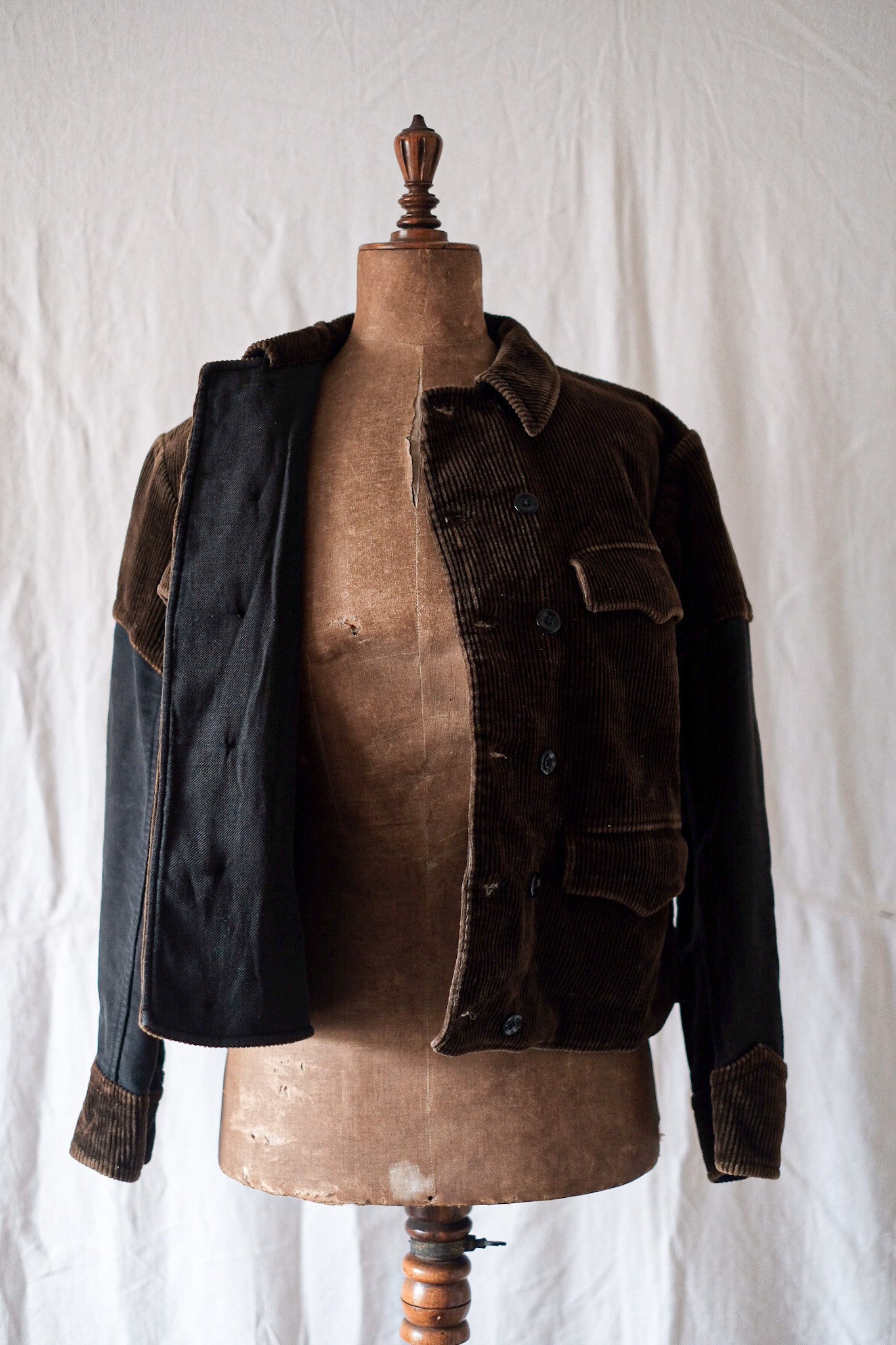 【~40's】Belgian Vintage Brown Corduroy × Black Moleskin Double Breasted Work Jacket