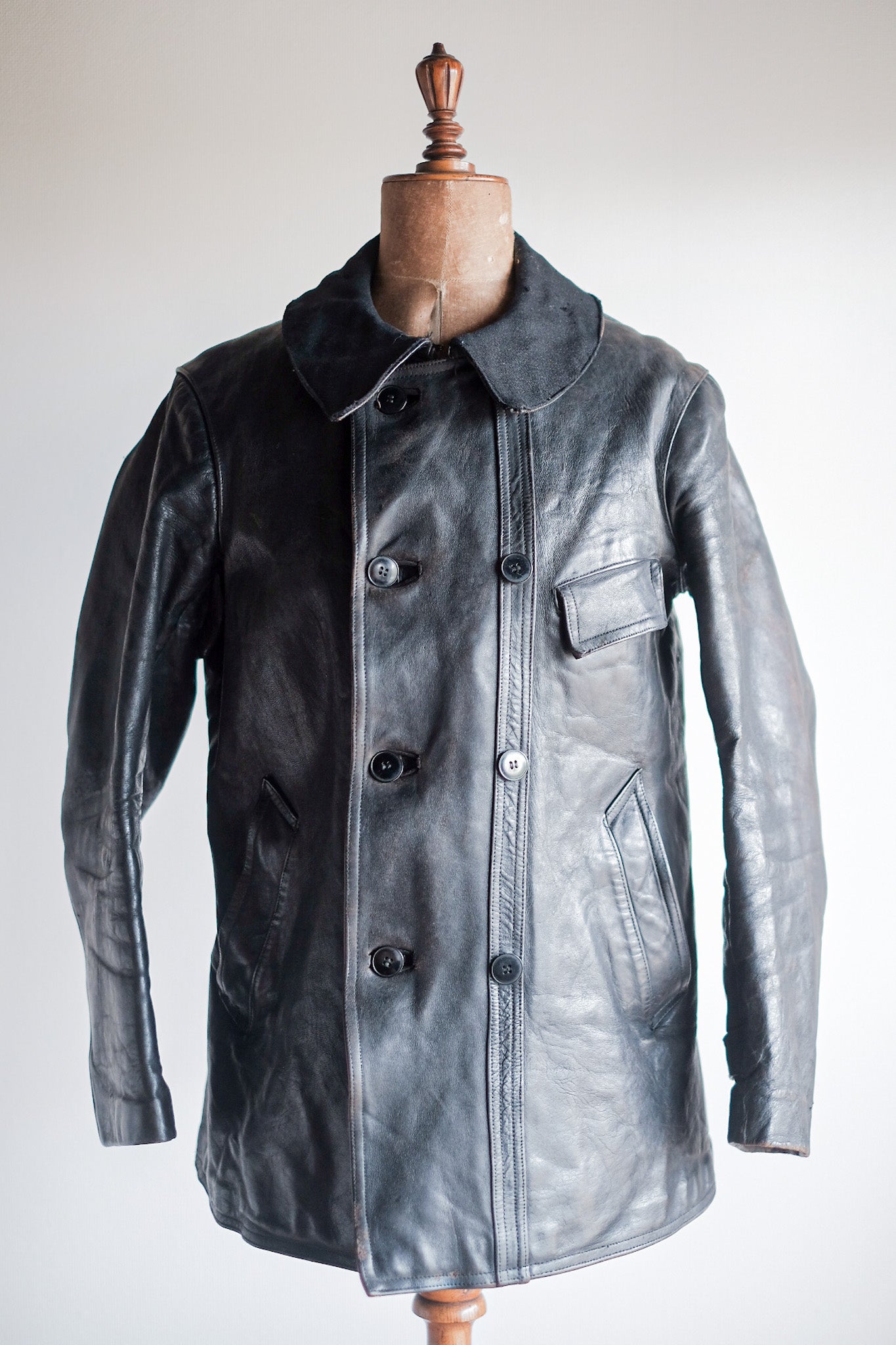 [~ 30's] French Vintage Le Corbusier Leather Work Jacket "Wool Collar"