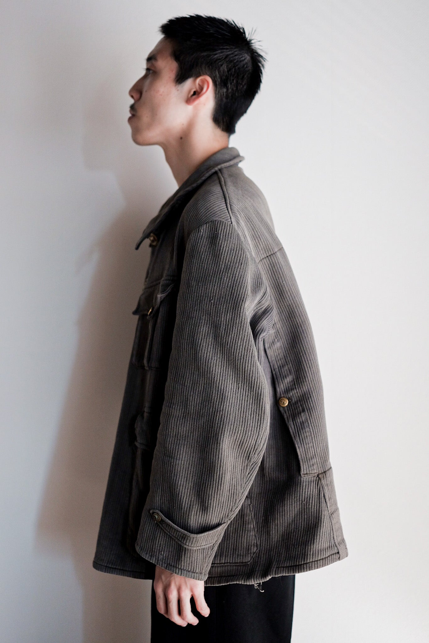 ［~30's］French Vintage Gray Cotton Pique Hunting Jacket With Chin Strap