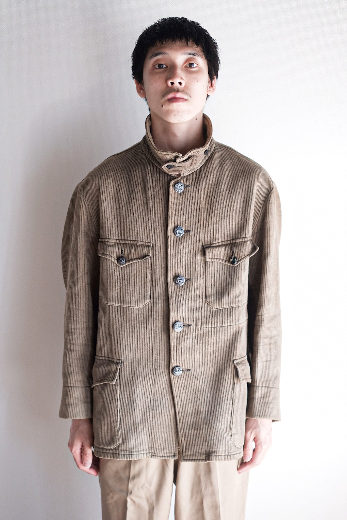 ［~40's］French Vintage Brown Cotton Pique Hunting Jacket With Chin Strap