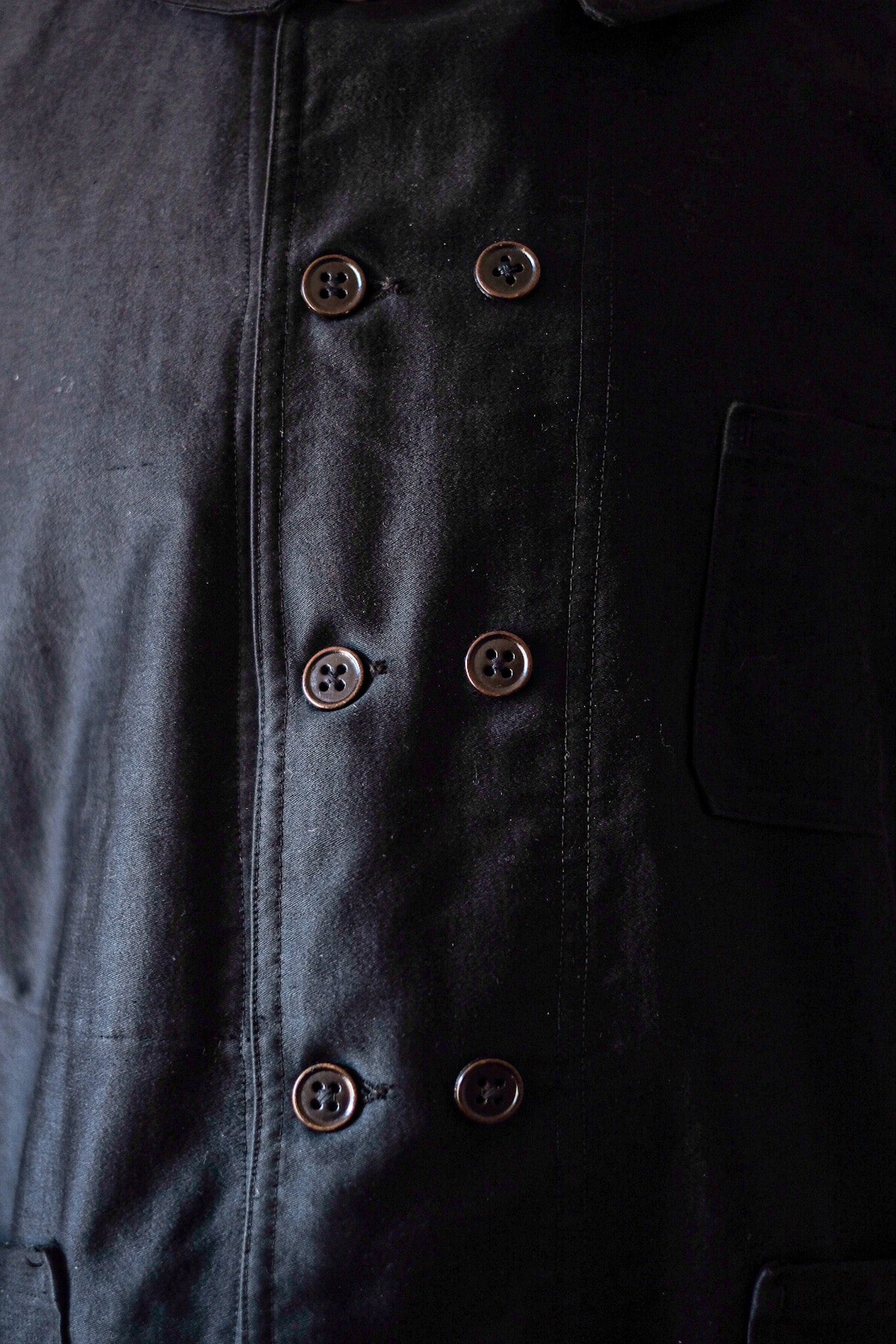 [~ 30's] French Vintage Double Breasted Black Moleskin Work Jacket