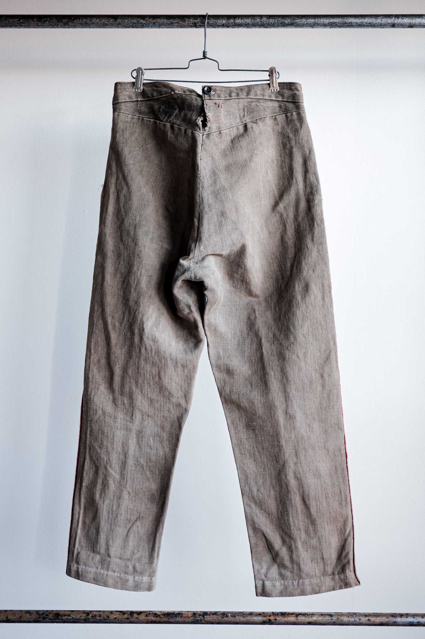 [ปลายปีที่ 19 C] กางเกงนักดับเพลิงผ้าปูที่นอนสีน้ำตาล HBT โบราณของฝรั่งเศส