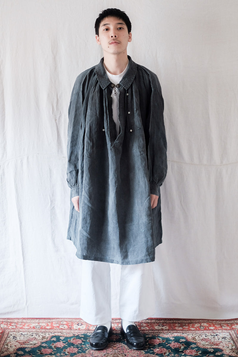 [ต้น 20 C] ผ้าลินินอินดิโก้โบราณฝรั่งเศส smock "biaude"