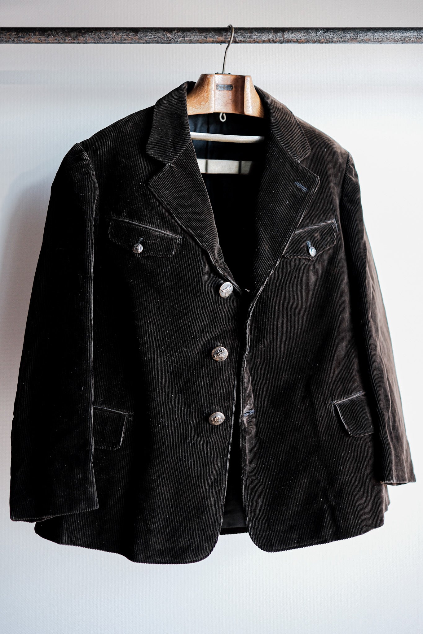[~ 40's] French Vintage Dark Brown Corduroy Lapel Hunting Jacket 