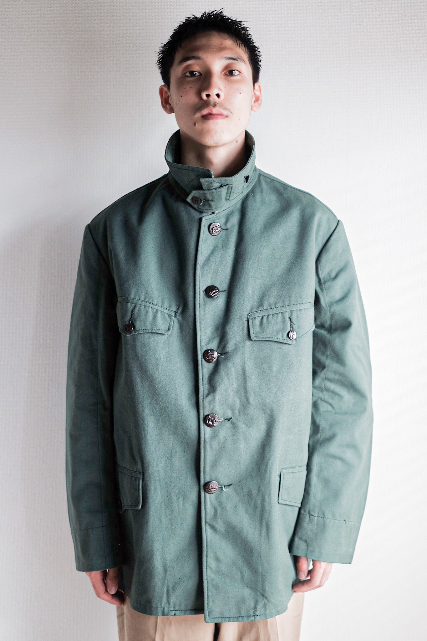 【~50's】French Vintage Green Cotton Hunting Jacket With Chin Strap "Dead Stock"