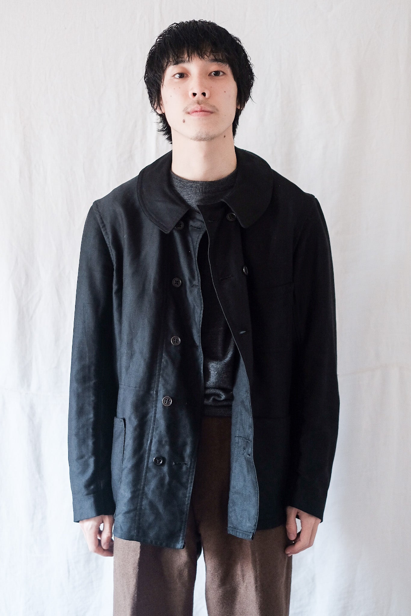 [~ 30's] French Vintage Double Breasted Black Moleskin Work Jacket