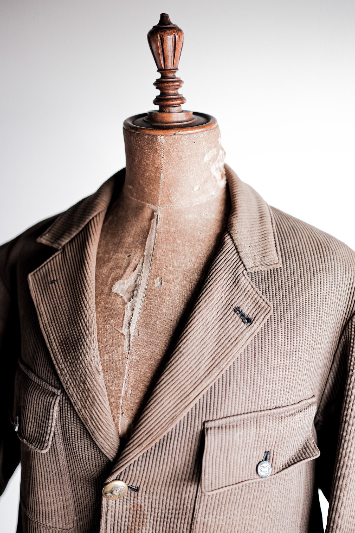 ［~40's］French Vintage Brown Cotton Pique Lapel Gamekeeper Hunting Jacket "Unusual Pattern"