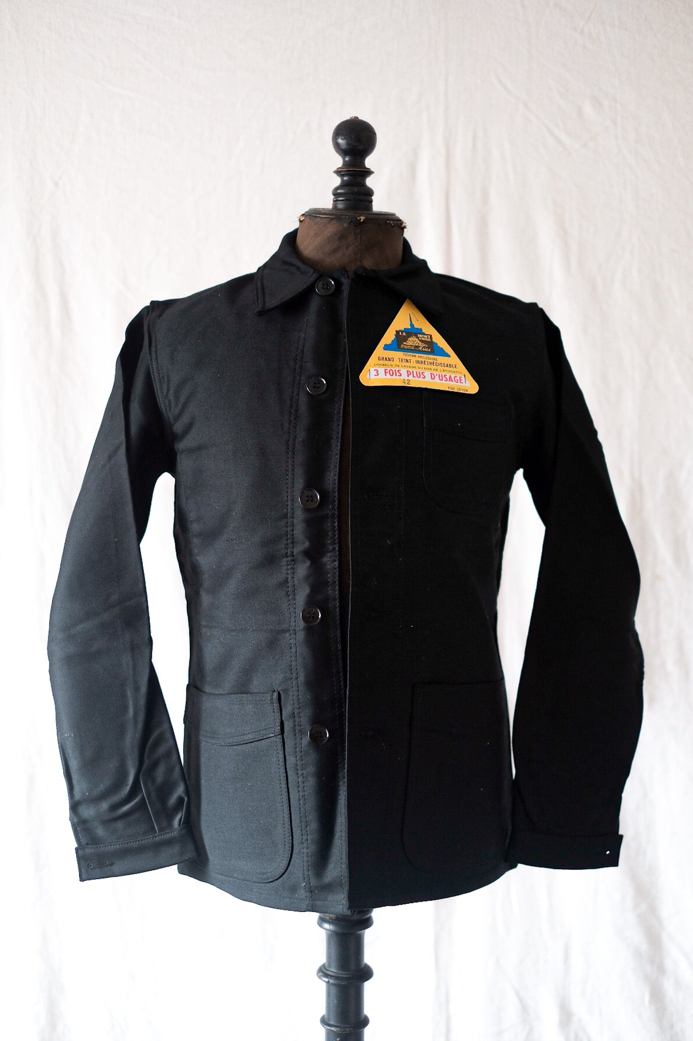 [~ 50's] Vintage français "Le Mont St. Michel" Jacket de travail de moleskin noirs "Stock Dead"