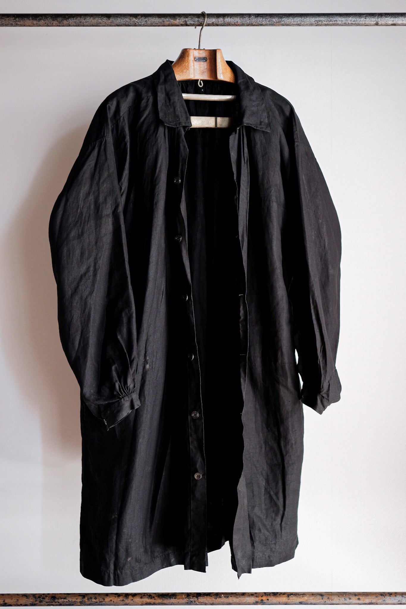 [Early 20th C] French Antique Black Indigo Linen Smock Open Type "Biaude" "Dead Stock"