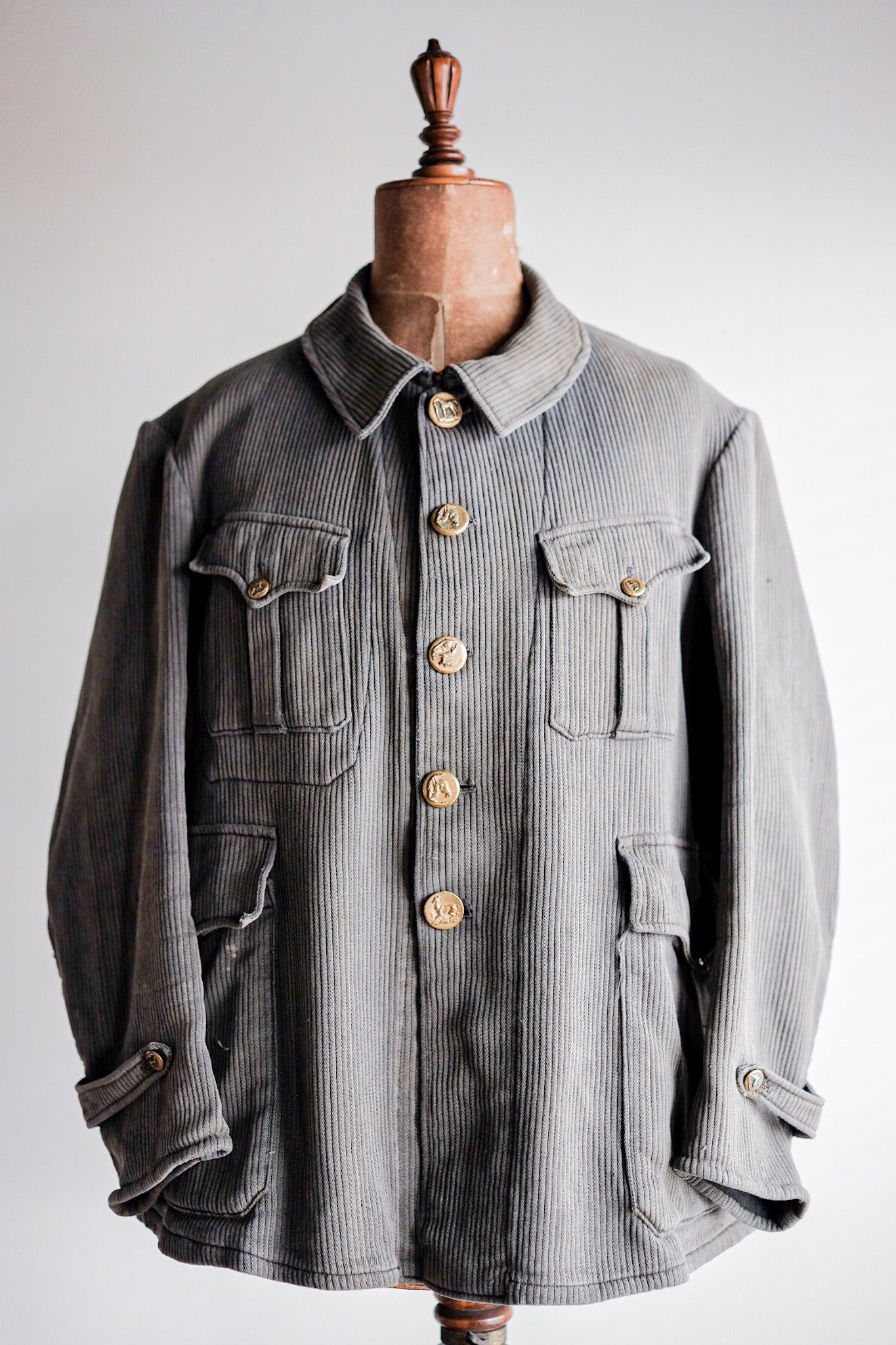[~ 30's] French Vintage Gray Cotton Pique Hunting Jacket with Chin Strap