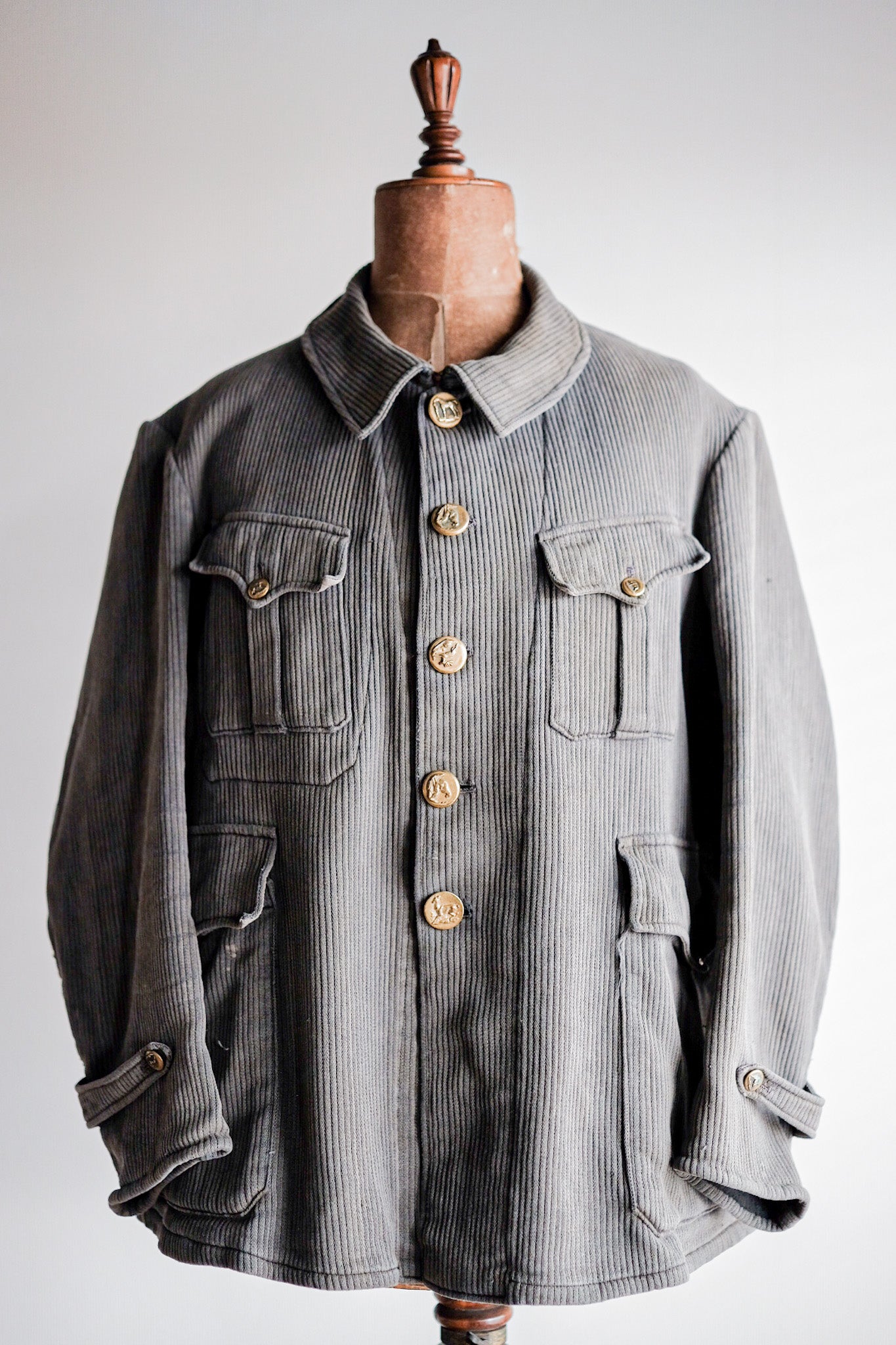 ［~30's］French Vintage Gray Cotton Pique Hunting Jacket With Chin Strap
