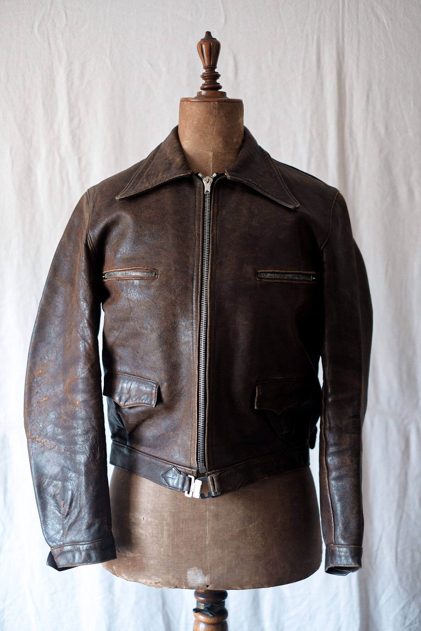 [~ 40 '] 프랑스 빈티지 가죽 사이클리스트 재킷