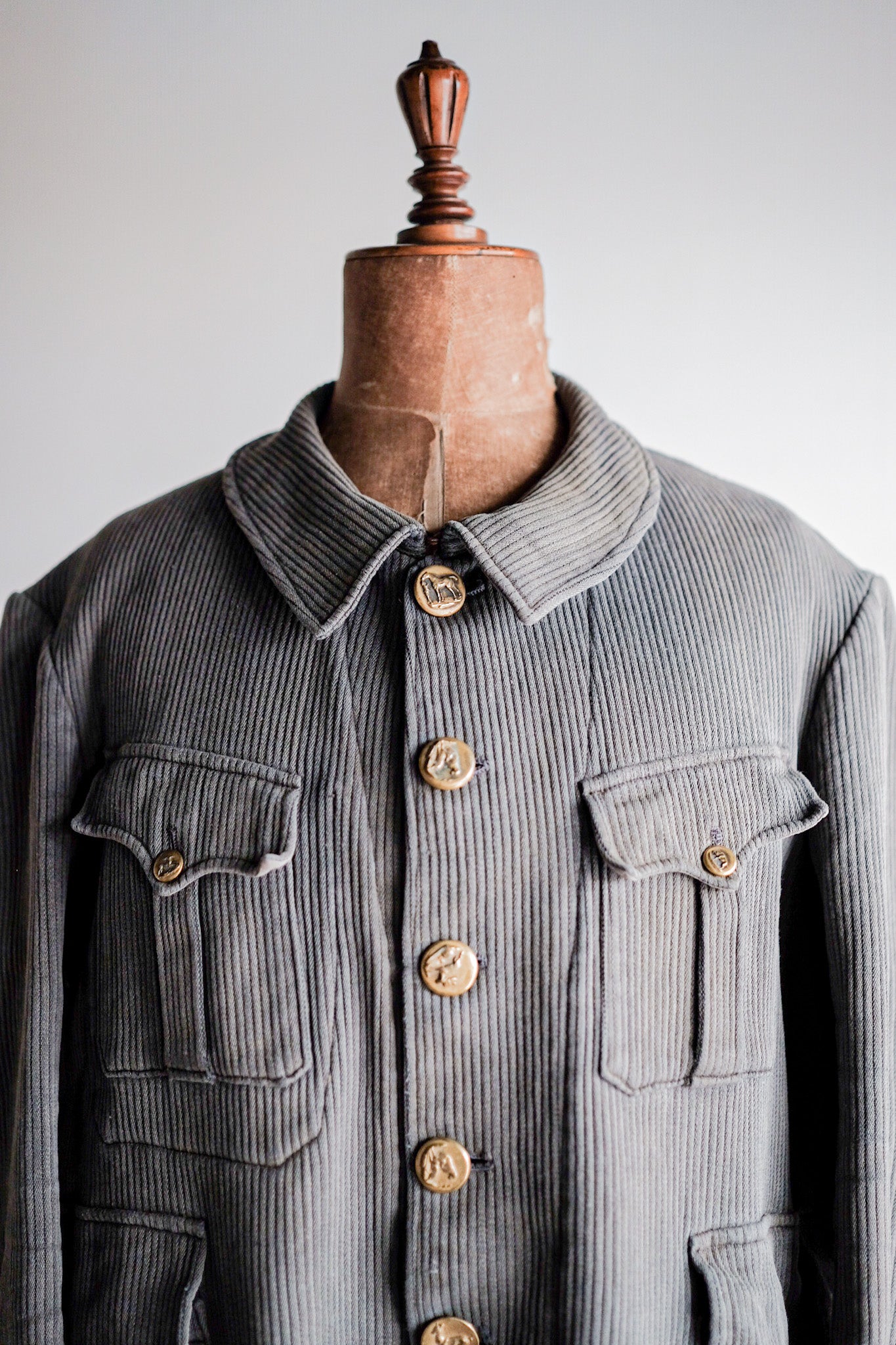 ［~30's］French Vintage Gray Cotton Pique Hunting Jacket With Chin Strap