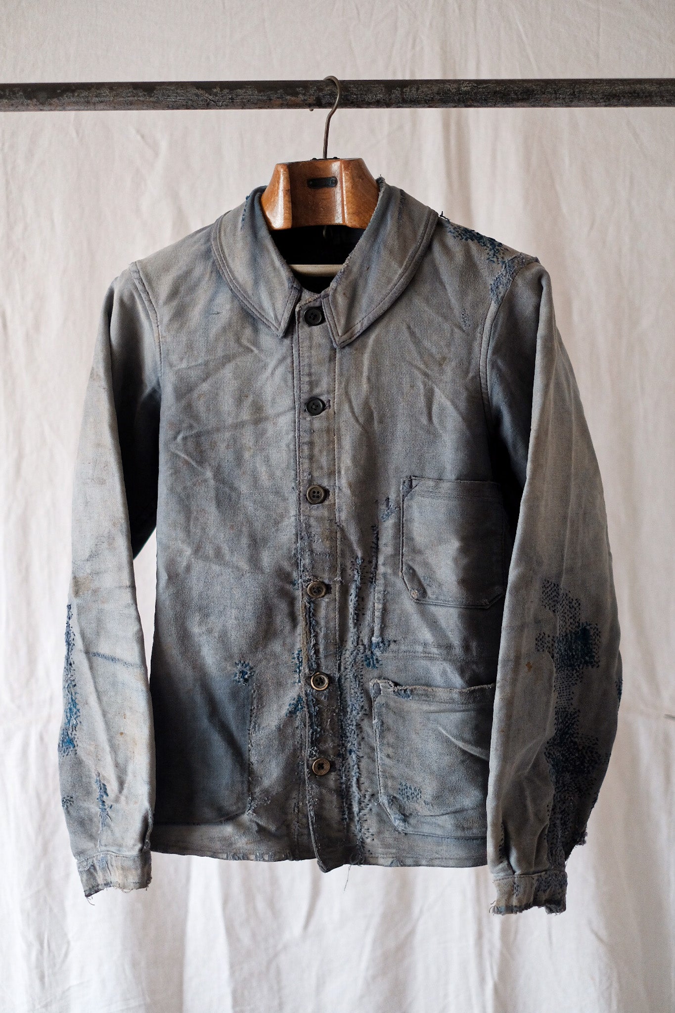[~ 30 '] 프랑스 빈티지 블루 몰스킨 작업 재킷 "크레피어"