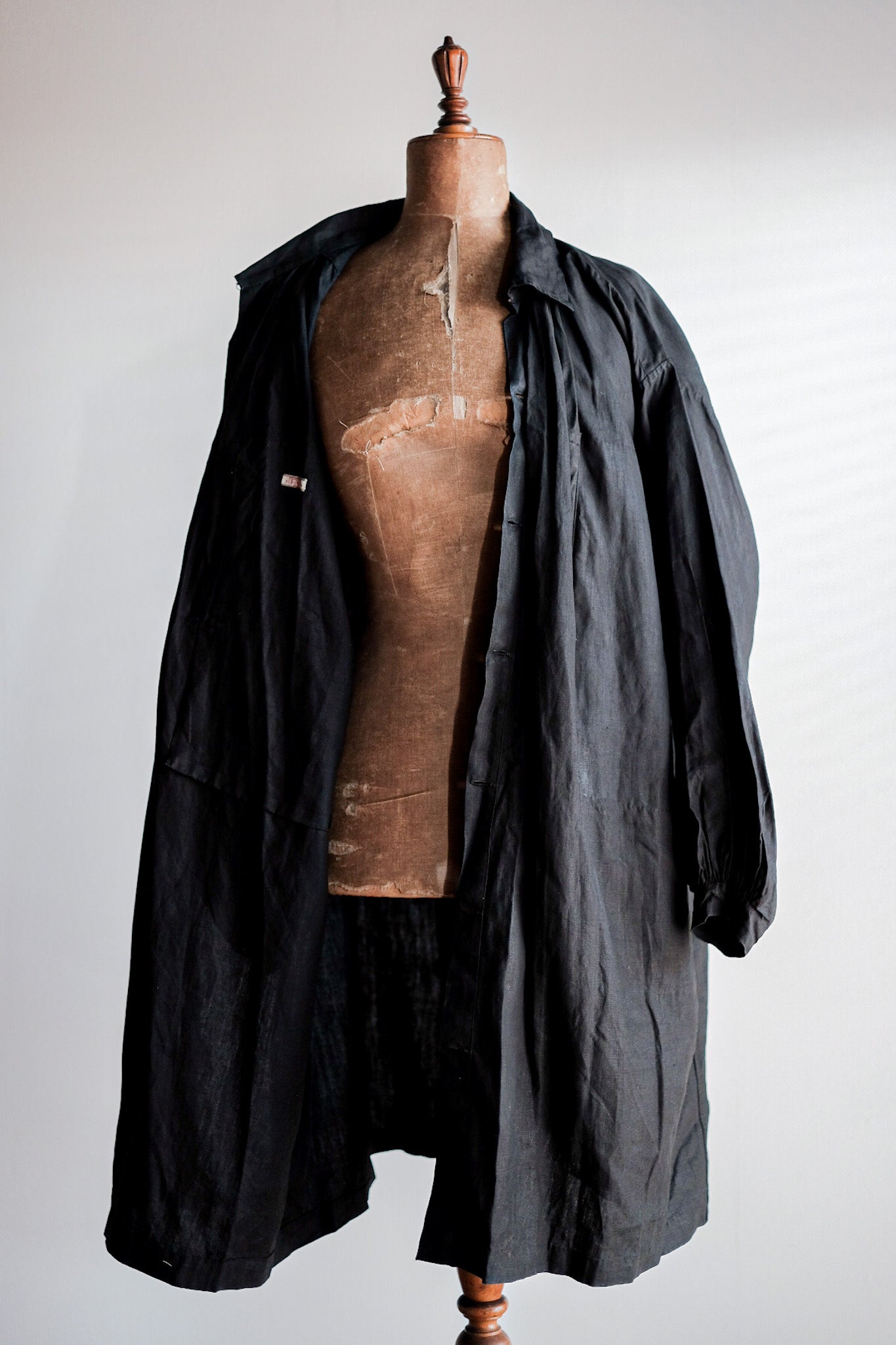 [Early 20th C] French Antique Black Indigo Linen Smock Open Type "Biaude" "Dead Stock"