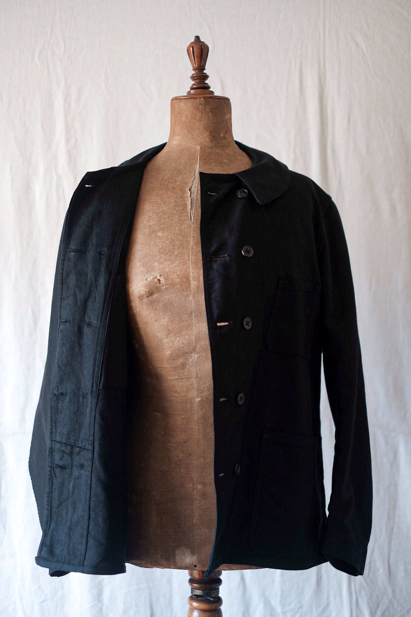 [~ 30's] French Vintage Double Breasted Black Moleskin Work Jacket