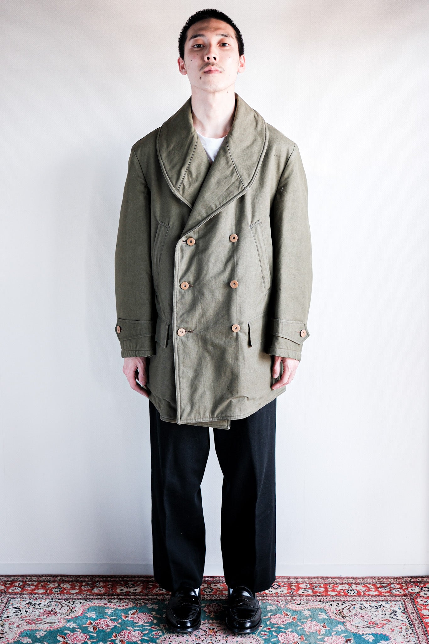 【~40's】French Vintage Shawl Collar Green Cotton Canvas Mackinaw Coat