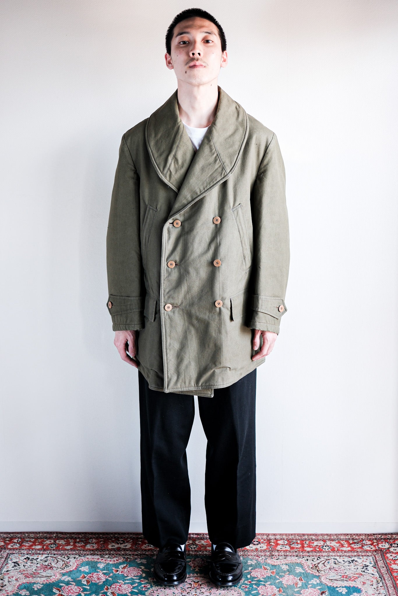 ［~40's］French Vintage Shawl Collar Green Cotton Canvas Mackinaw Coat
