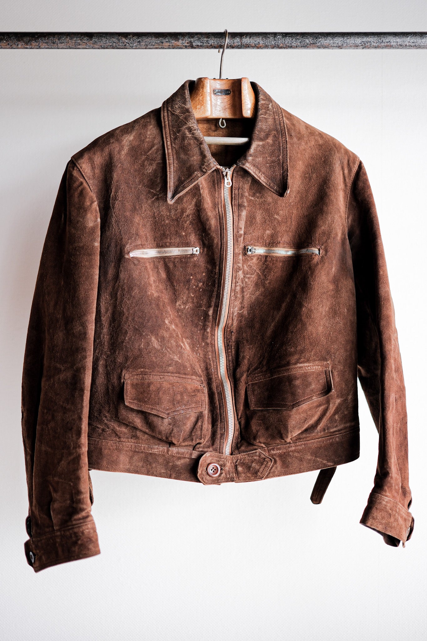 30's】French Vintage Suede Leather Cyclist Jacket