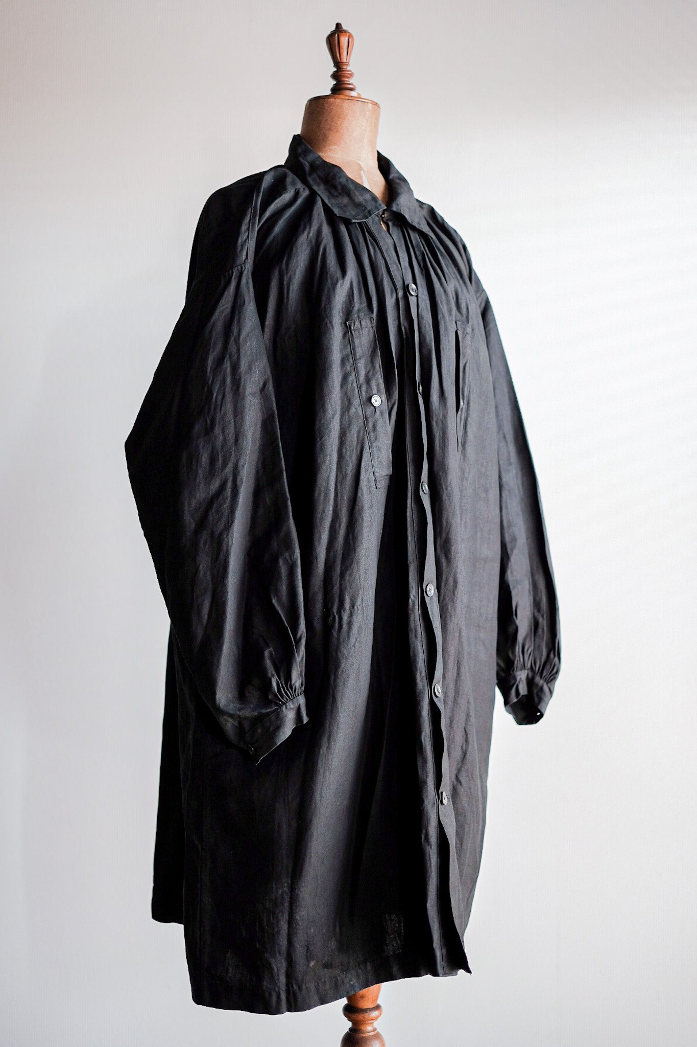 【Early 20th C】French Antique Black Indigo Linen Smock Open Type "Biaude" "Dead Stock"