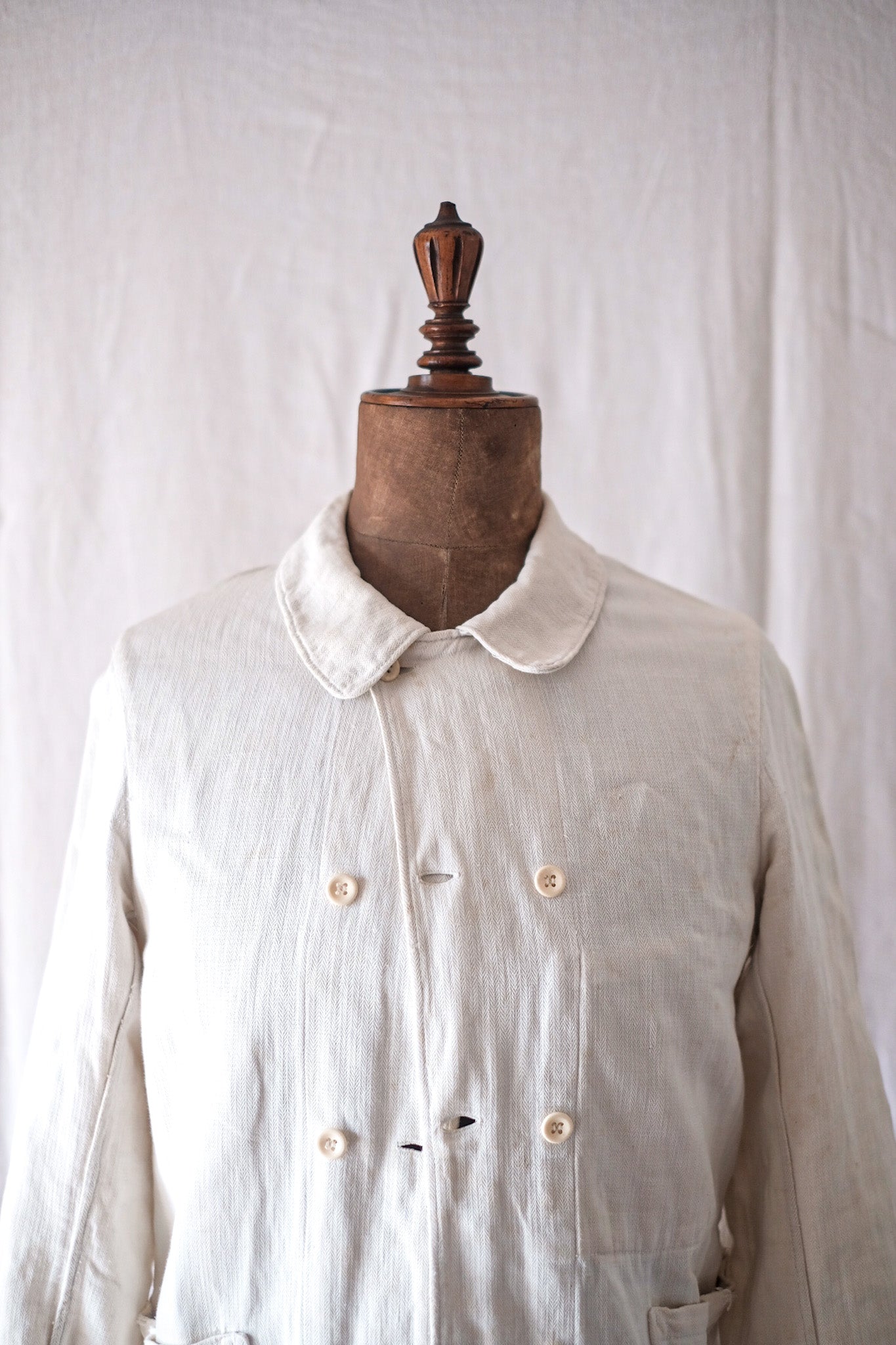 【~20's】French Vintage White Cotton HBT Double Breasted Work Jacket