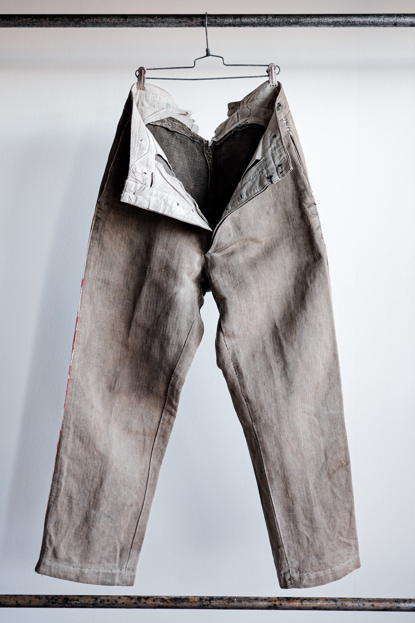 【Late 19th C】French Antique Brown HBT Linen Firefighter Trousers