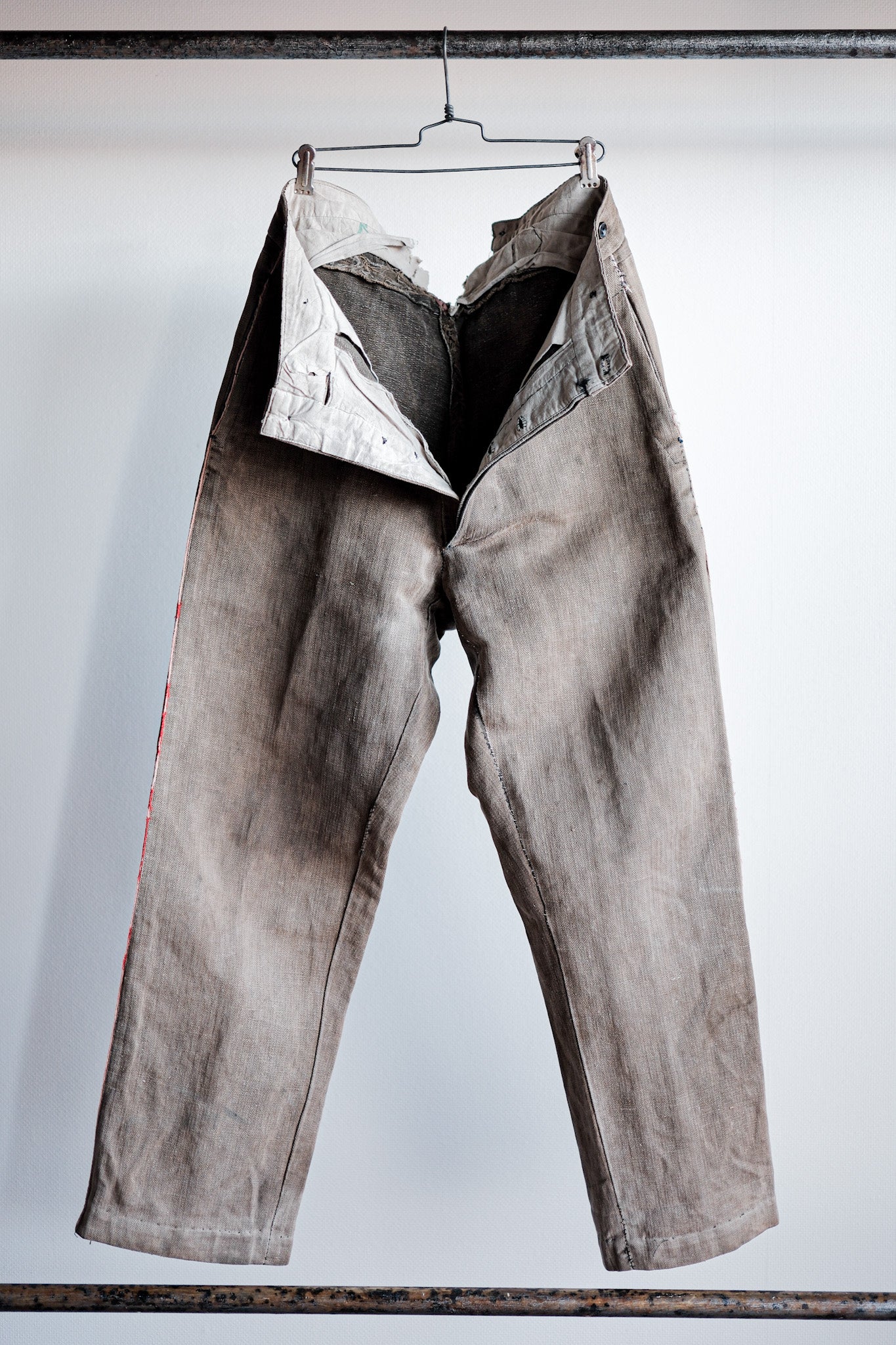 ［Late 19th C］French Antique Brown HBT Linen Firefighter Trousers
