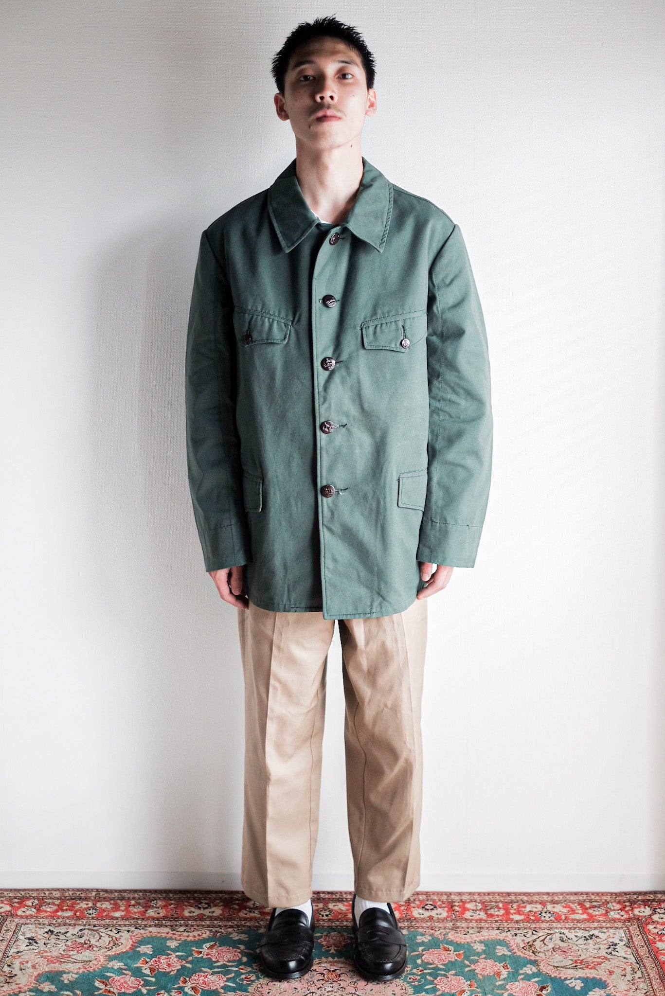 ［~50's］French Vintage Green Cotton Hunting Jacket With Chin Strap "Dead Stock"