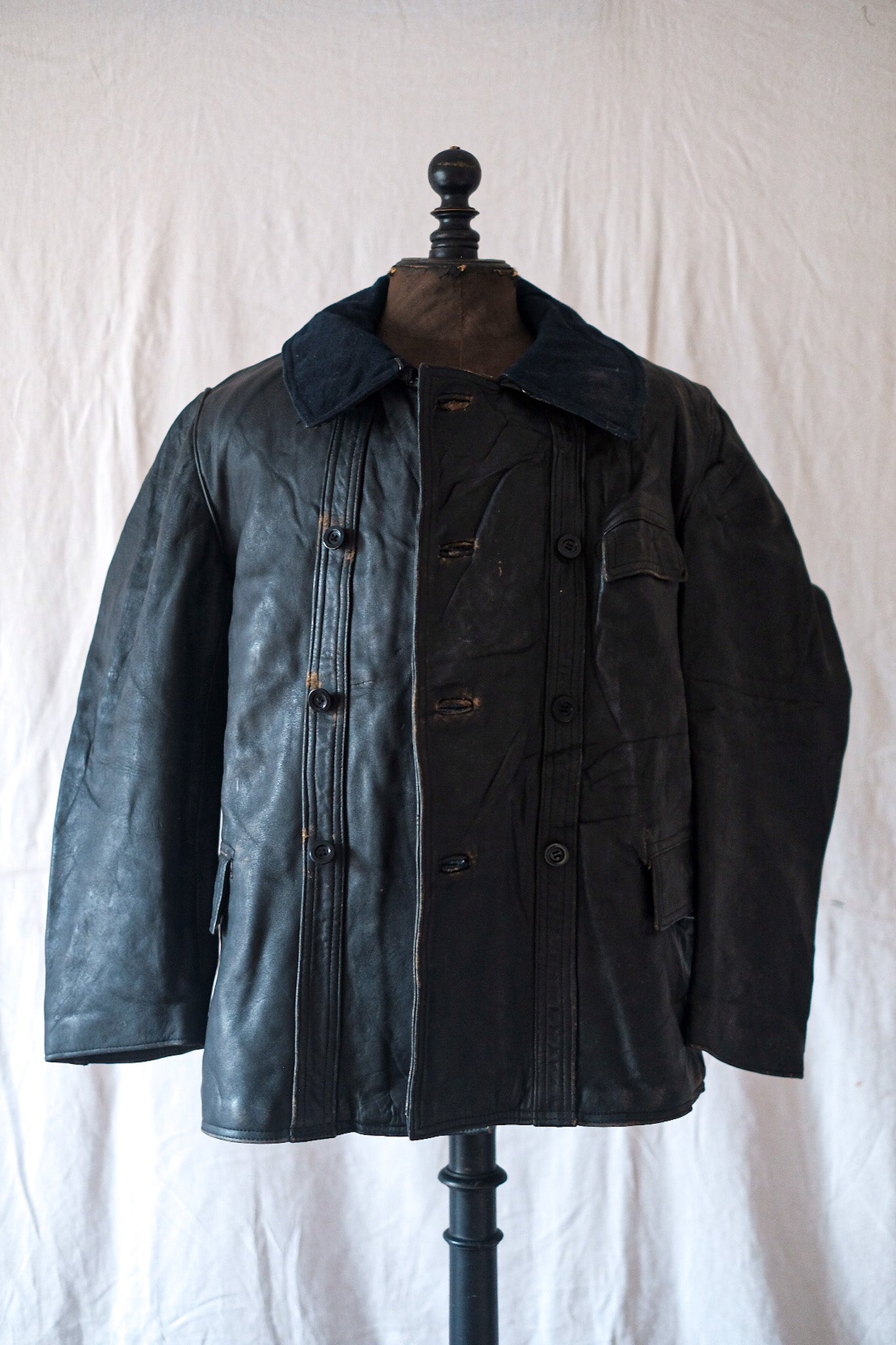 [~ 40's] French Vintage Le Corbusier Leather Work Jacket "Wool Collar"