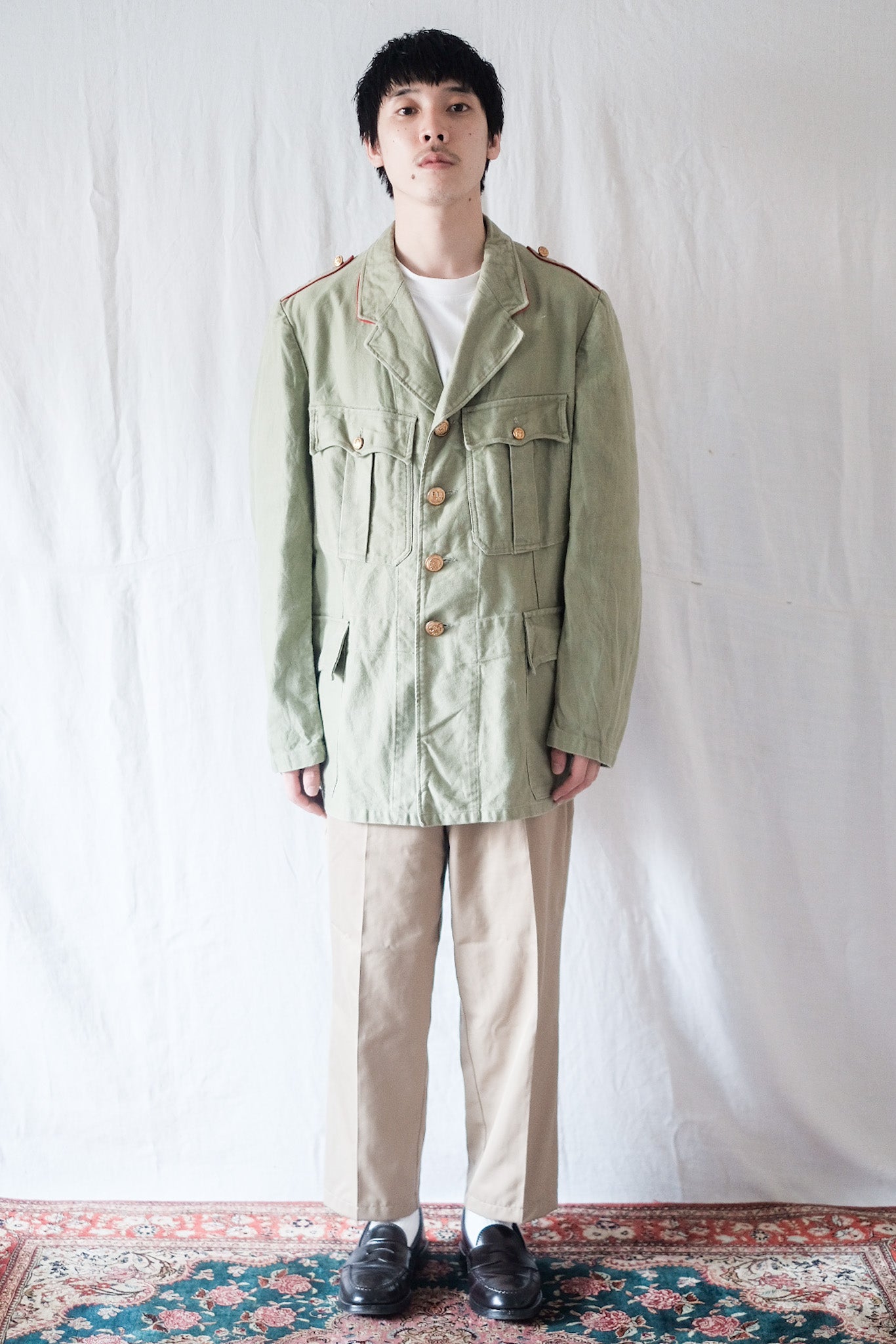 [~ 40's] French Vintage Ptt Green Moleskin Lapel Work Jacket