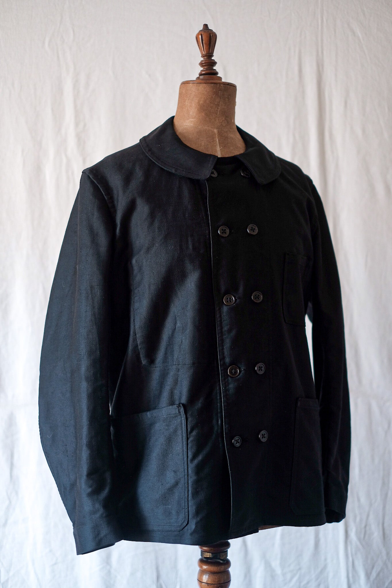 [~ 30's] French Vintage Double Breasted Black Moleskin Work Jacket