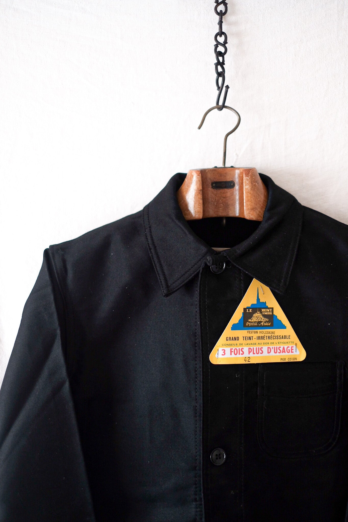 [~ 50's] French Vintage "Le Mont St. Michel" Black Moleskin Work Jacket "Dead Stock"