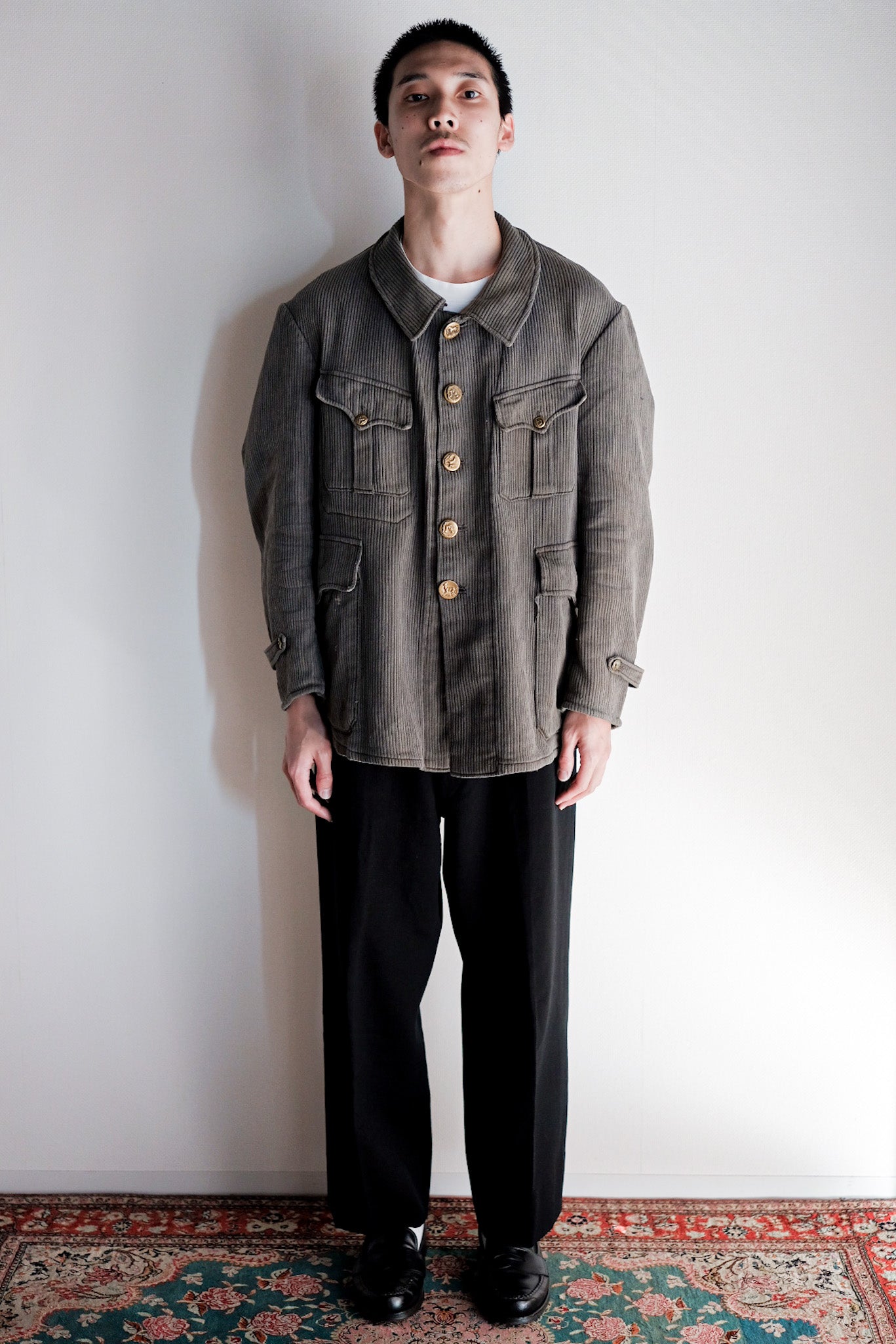 ［~30's］French Vintage Gray Cotton Pique Hunting Jacket With Chin Strap