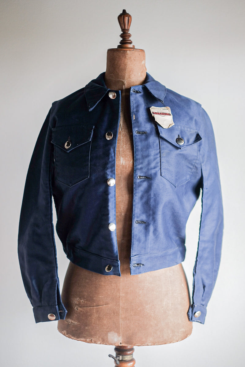 40's】French Vintage Blue Moleskin Cyclist Jacket 