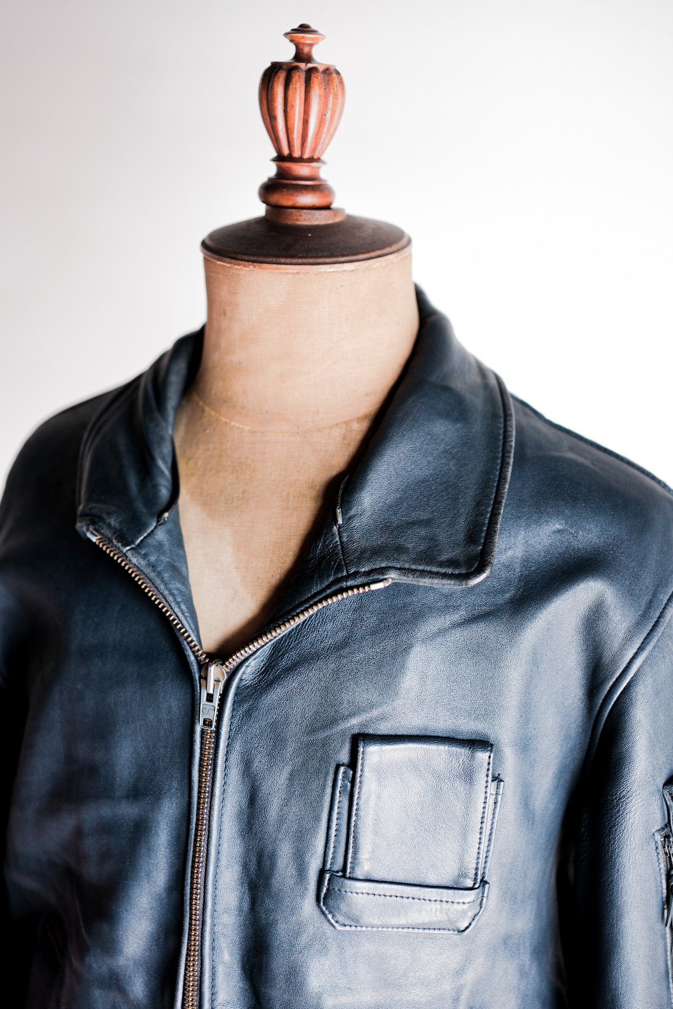 【~70's】French Air Force Pilot Leather Jacket With Chin Strap