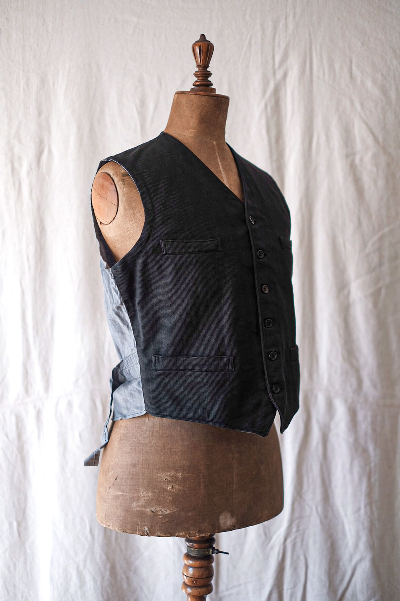 [~ 40's] French Vintage Black Cotton Pique Gilet "Dead Stock"