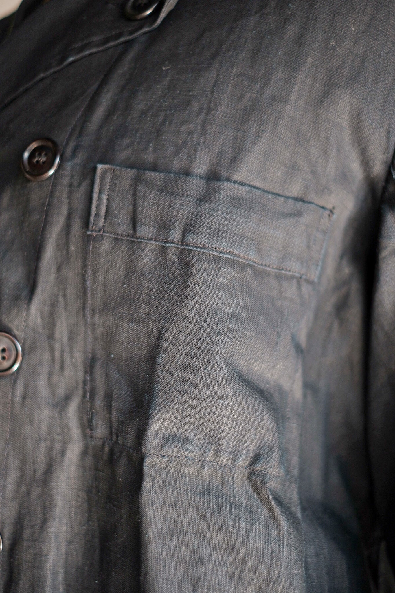 【~30's】French Vintage Black Indigo Linen Double Breasted Work Jacket "Dead Stock"
