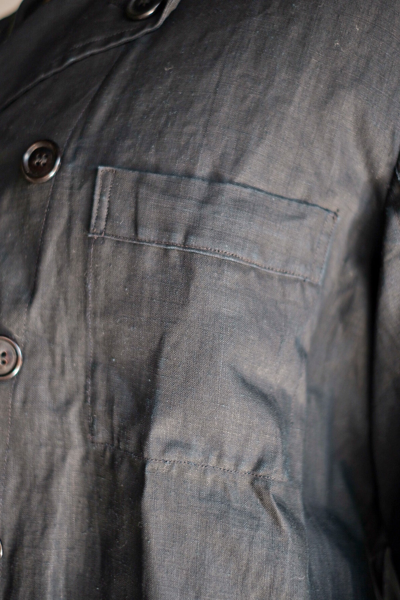 ［~30's］French Vintage Black Indigo Linen Double Breasted Work Jacket "Dead Stock"