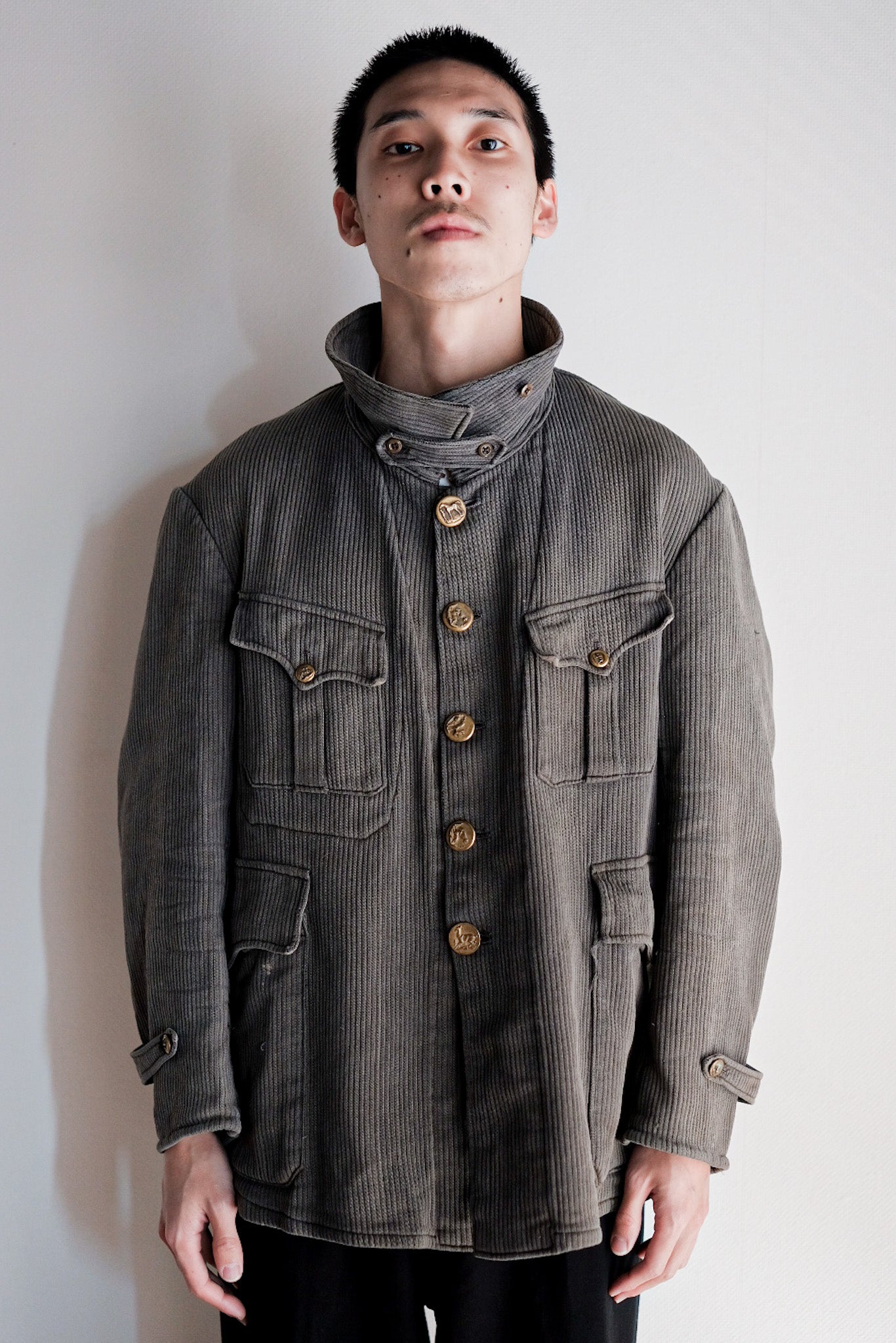 【~30's】French Vintage Gray Cotton Pique Hunting Jacket With Chin Strap