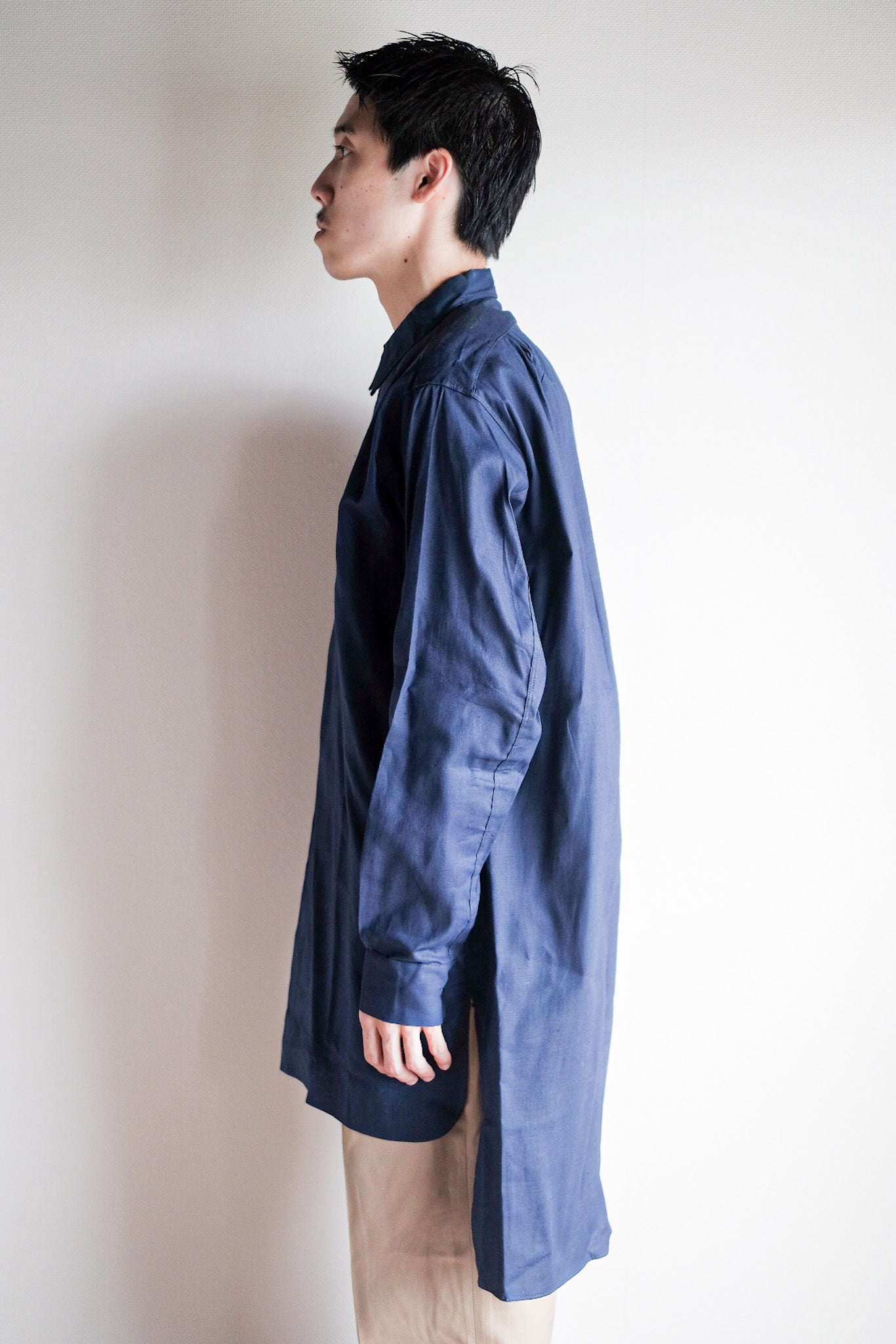 【~40's】French Vintage Indigo Linen Grandpa Shirt "Dead Stock"