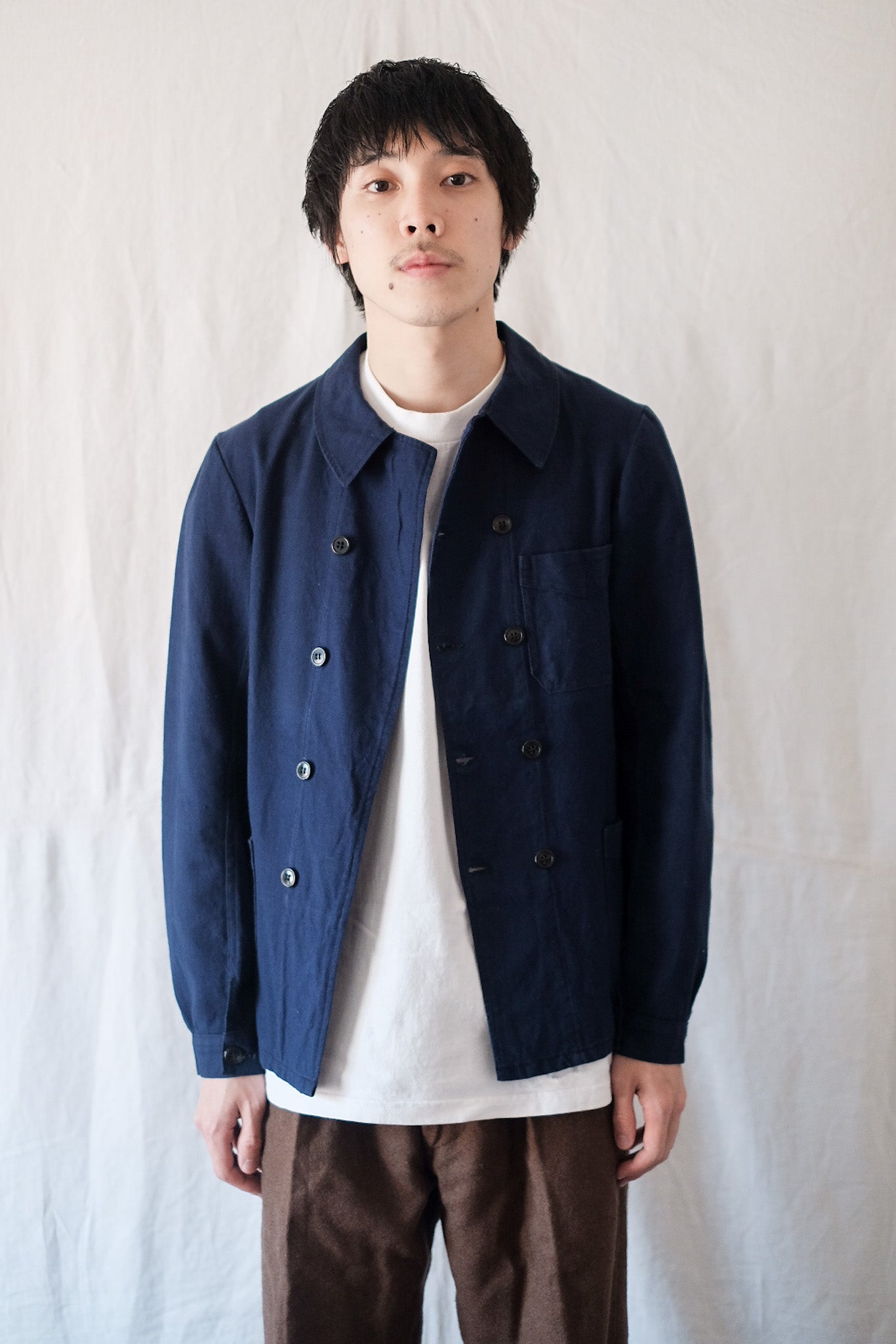 30's】French Vintage Double Breasted Indigo Cotton Linen Work Jacket